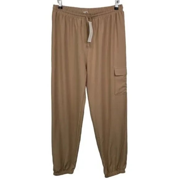 NWT TIMING WOMEN'S HIGH RISE TAN STRETCH CARGO JOGGER PANTS LARGE - Picture 1 of 5
